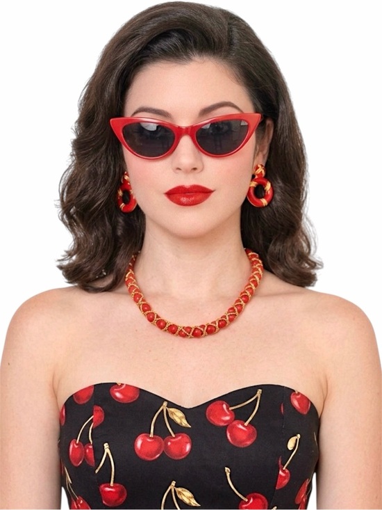 Vintage Jewelry - Vintage Lady Remington Red Beaded & Enamel Jewelry Set Necklace & Hoop Earrings